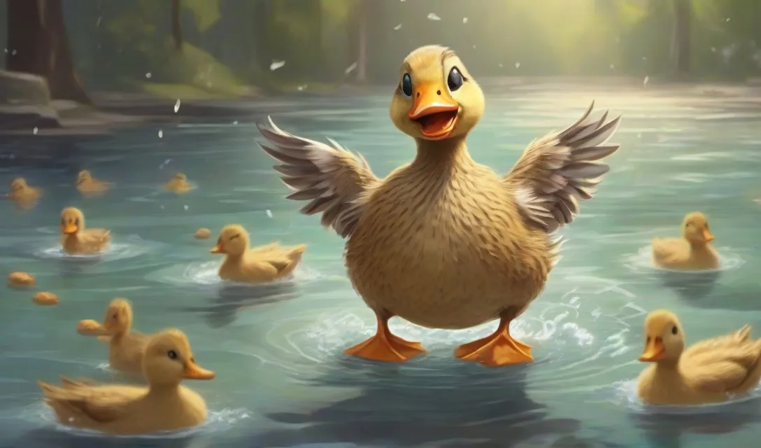 a painting of a duck standing in the water surrounded by ducks