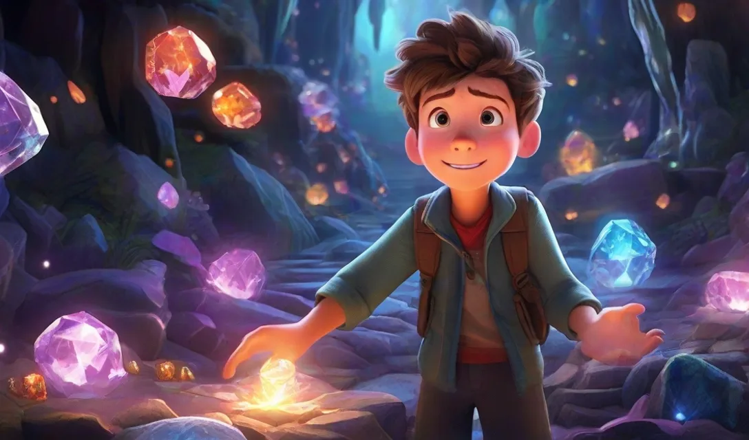 a boy standing in the middle of a forest surrounded by crystals