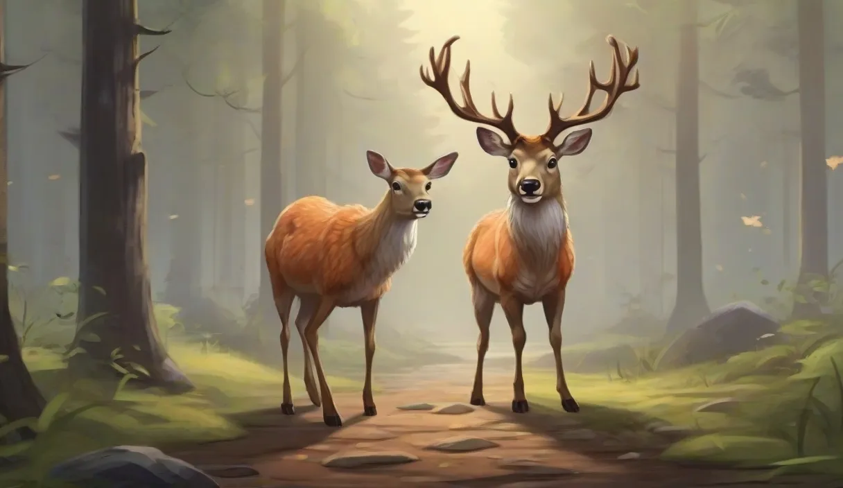 two deer standing next to each other in a forest