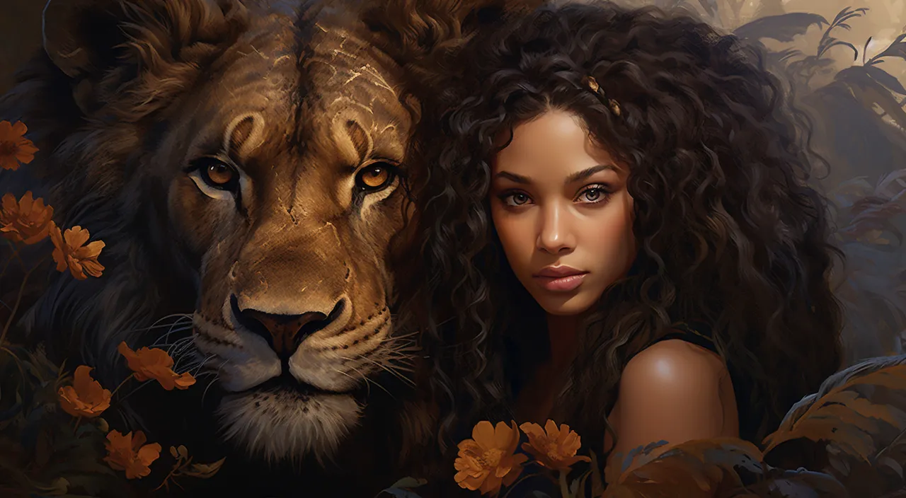 a painting of a woman and a lion embracing