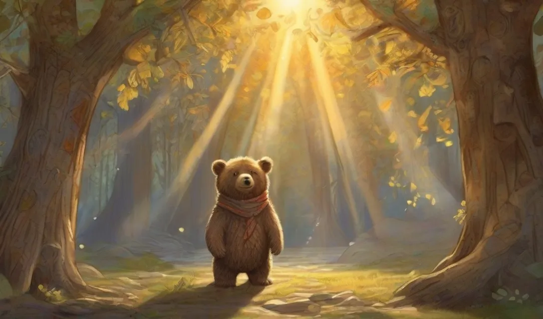 a painting of a bear standing in the middle of a forest