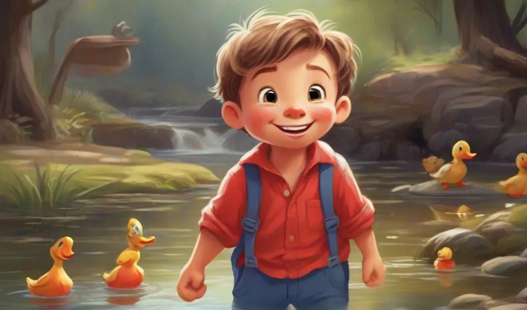 a young boy is standing in the water with ducks