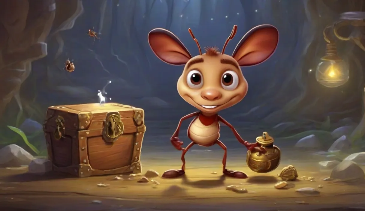 a cartoon mouse standing next to a chest