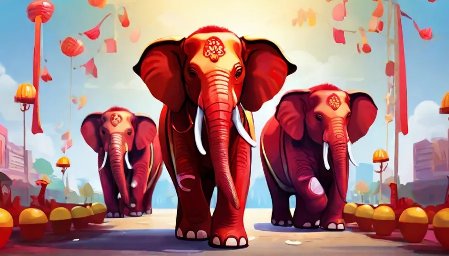 a painting of a group of elephants walking down a street