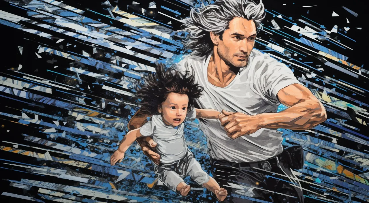 a painting of a man and a child running, 4k, high quality, ultra detailed, super speed, captivating portrait