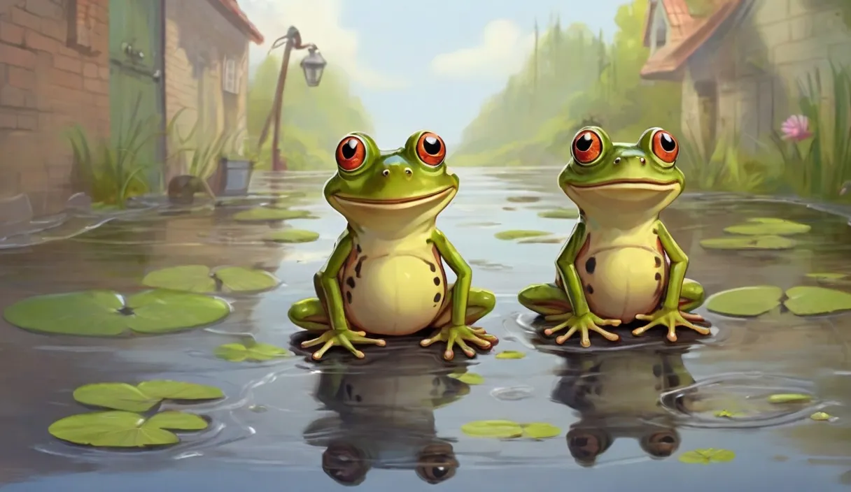 a couple of frogs sitting on top of a puddle