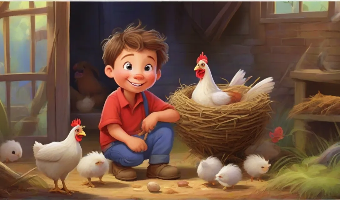 a little boy sitting on the ground next to chickens