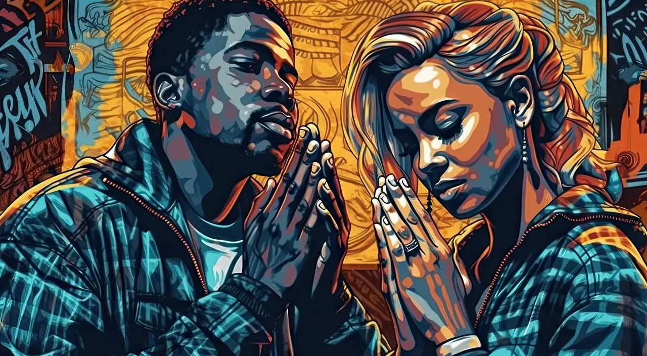 a painting of a man and a woman praying