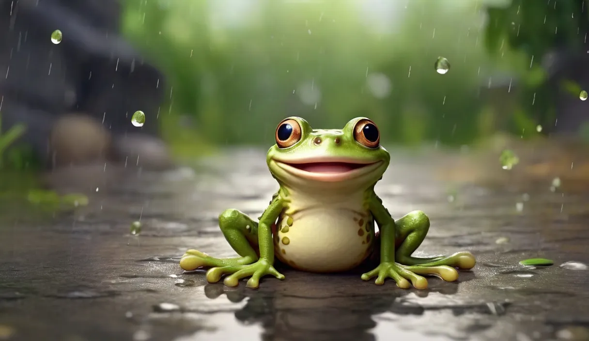 a frog sitting on the ground in the rain