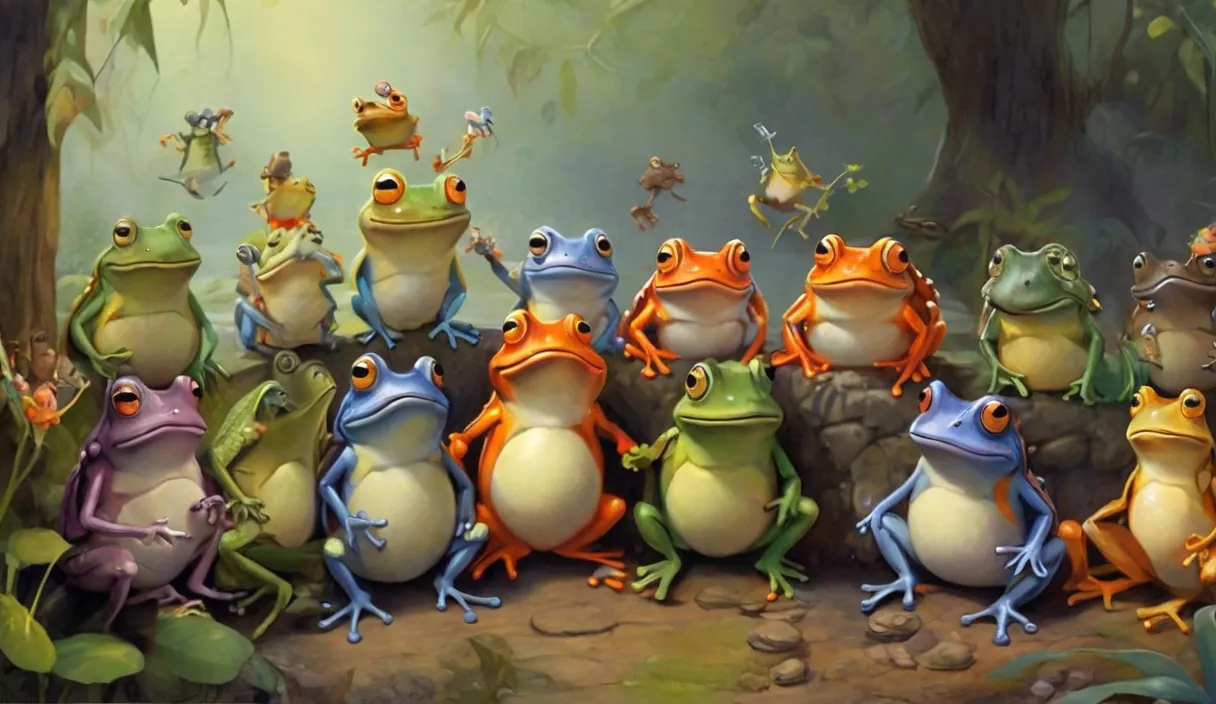 a painting of a group of frogs in a forest