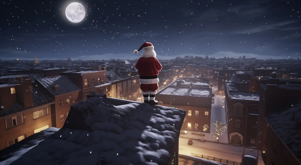 a santa clause standing on top of a roof at night