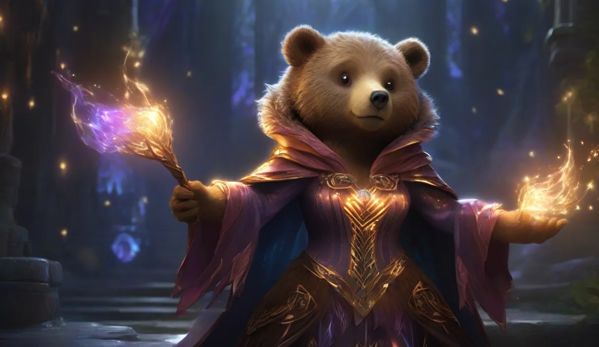 a bear dressed as a wizard holding a wand