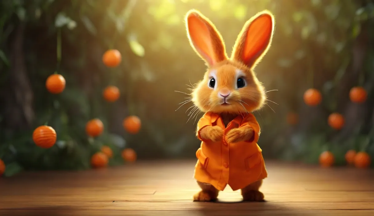 a rabbit dressed in an orange outfit standing on a wooden floor