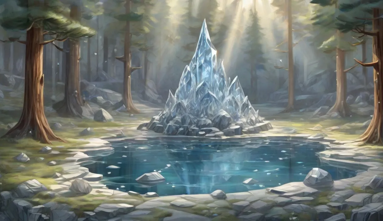 a painting of a frozen lake surrounded by trees