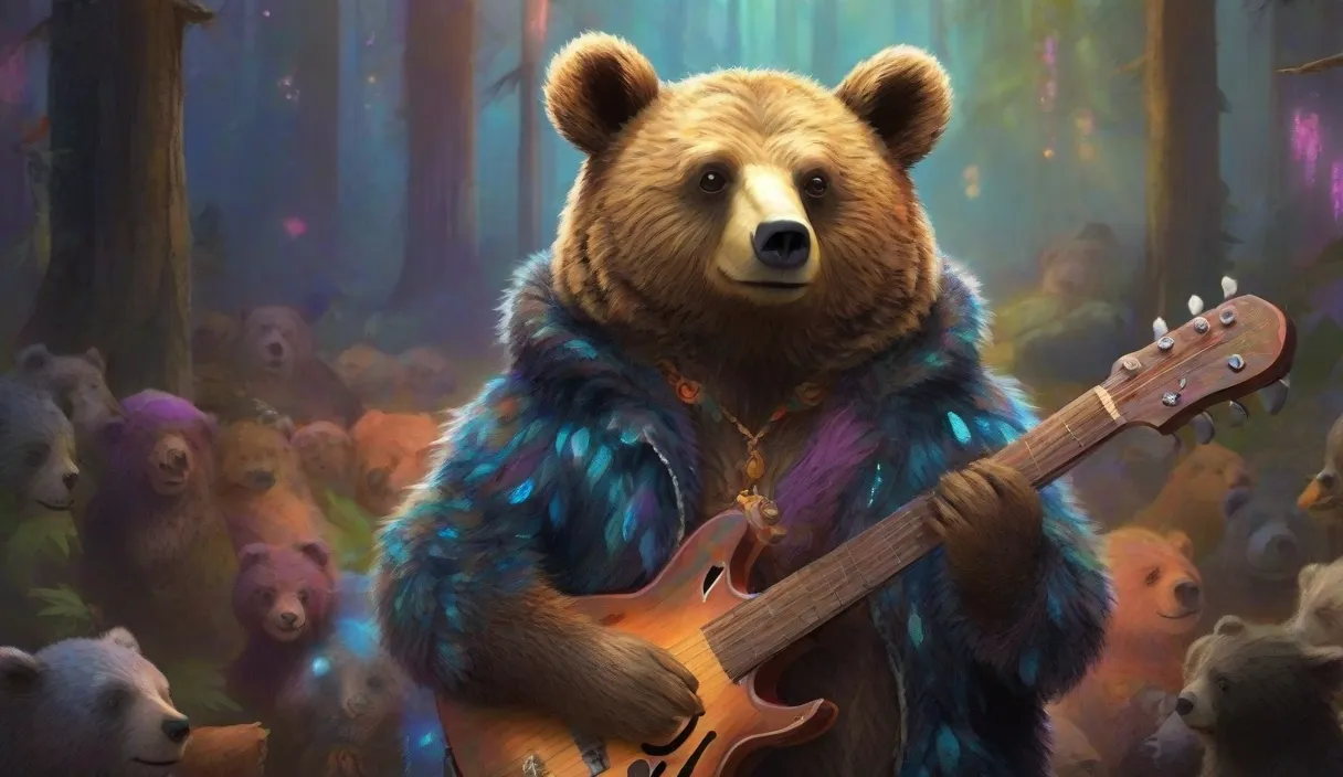 a painting of a bear holding a guitar