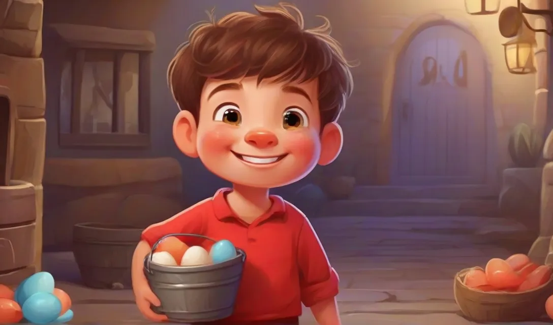 a cartoon boy holding a bucket of eggs