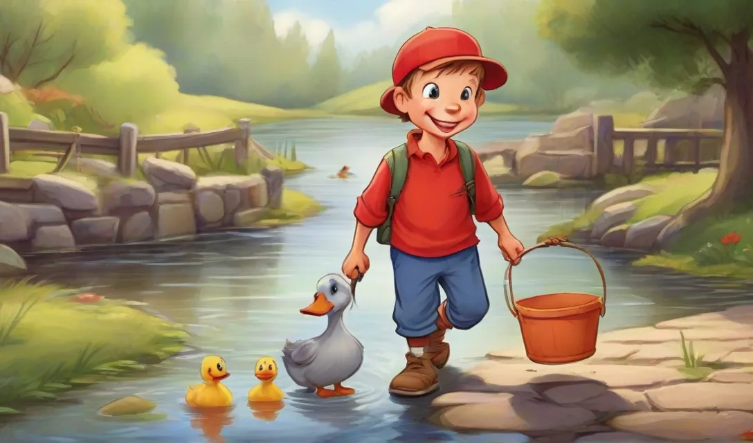 a boy with a bucket and ducks in a river