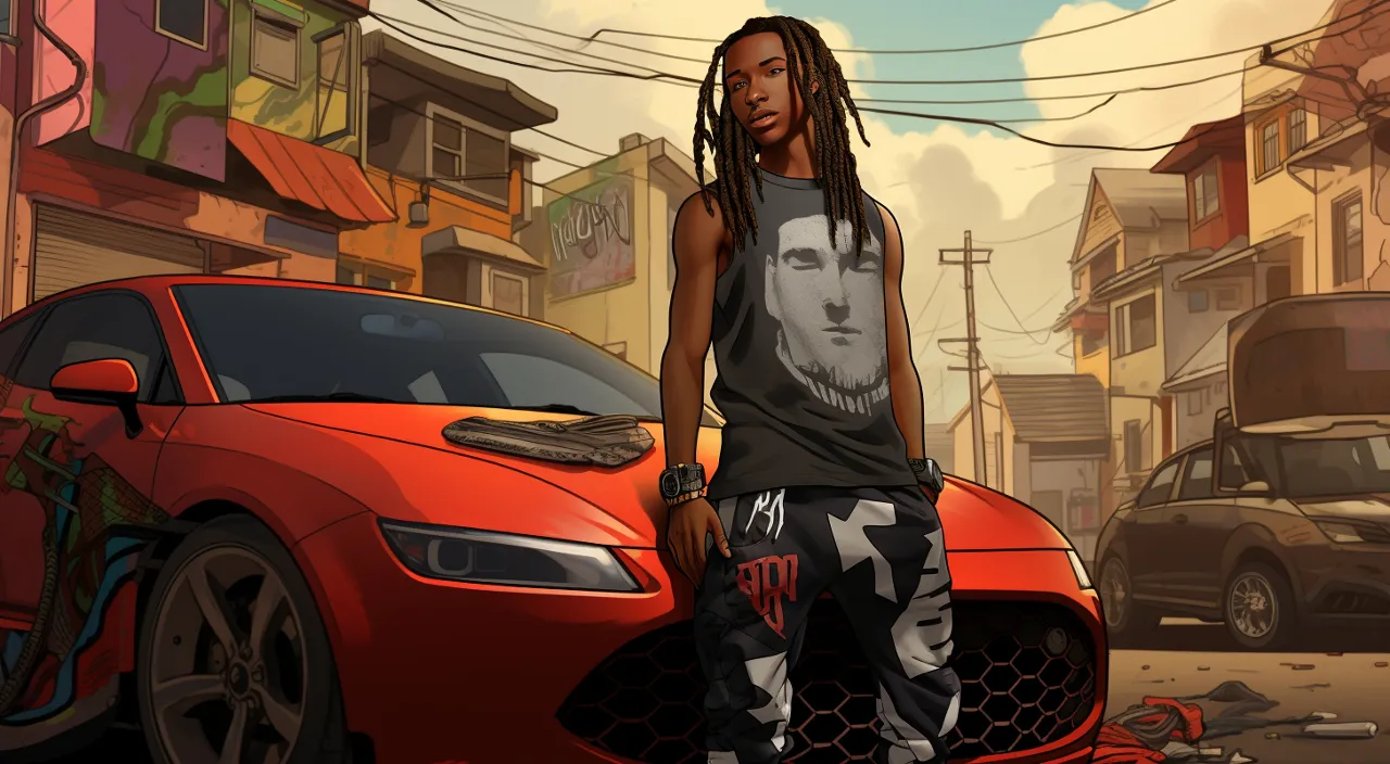 a short 16 year old young man with dreadlocks in a nike basketball short set, posing next to a basketball goal expensive sports cars surround him in the style of superstarcore, alayna lemmer, g. willow wilson, sterling silver highlights, ronald wimberly, ivory, dazecore