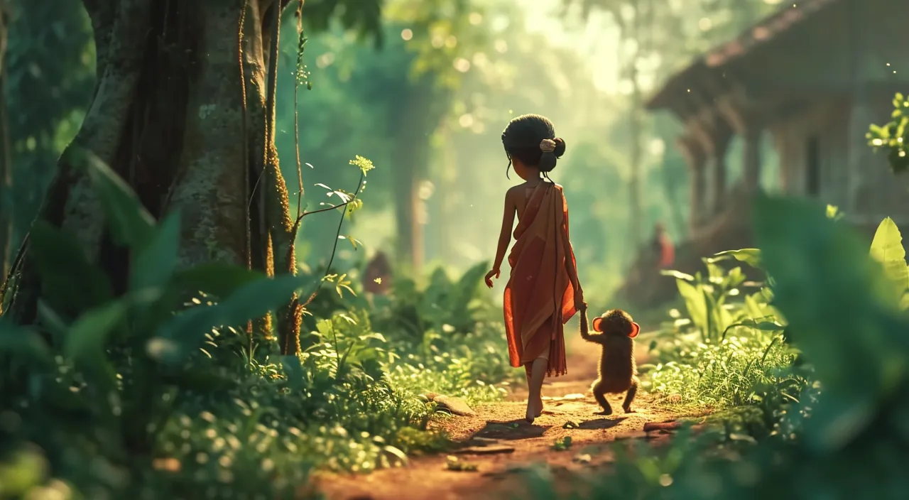 a little Cartoon girl and a little monkey walking through a forest