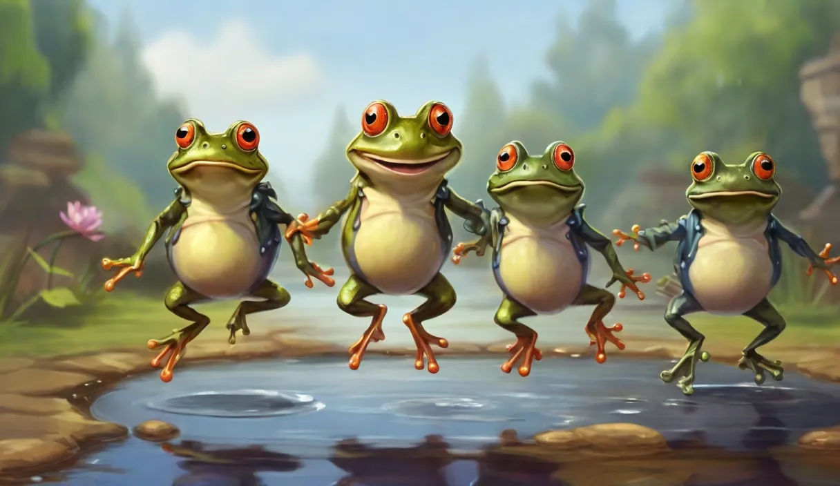 a group of frogs jumping into a pond