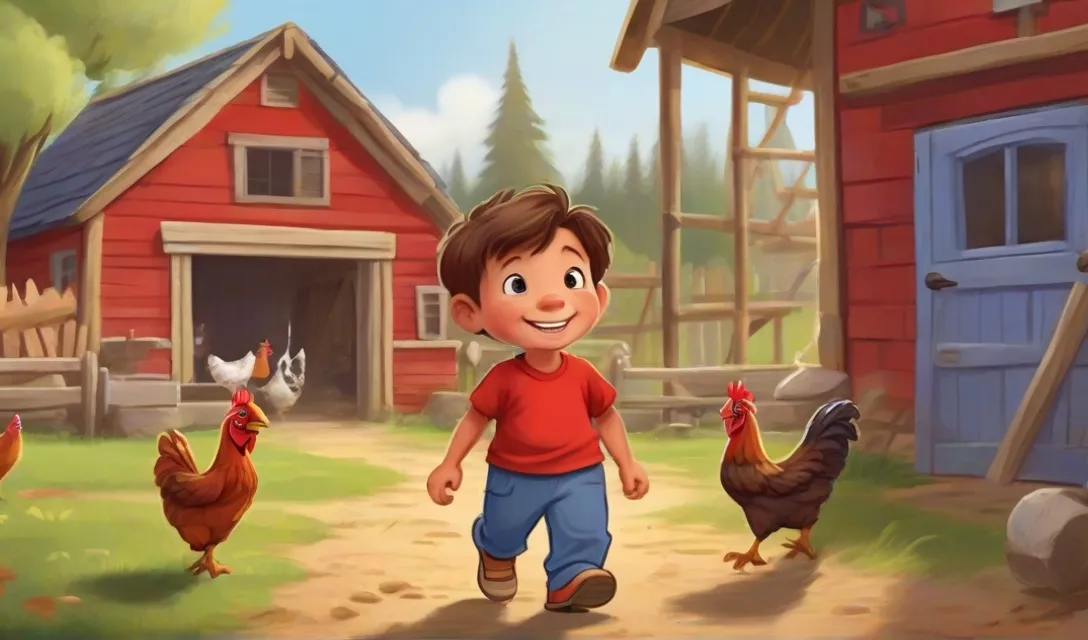 a young boy is standing in front of a farm with chickens