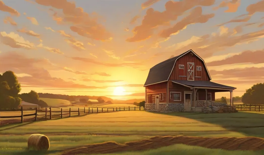 a painting of a farm with a sunset in the background