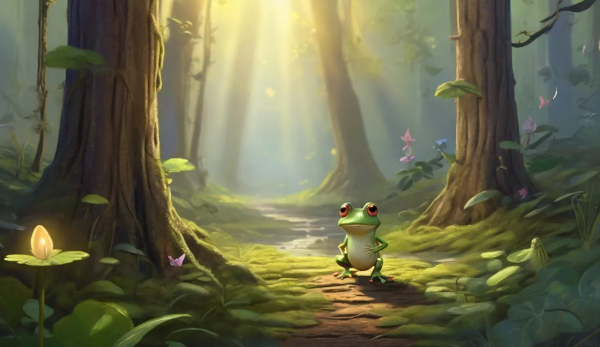 a painting of a frog walking in the middle of a forest