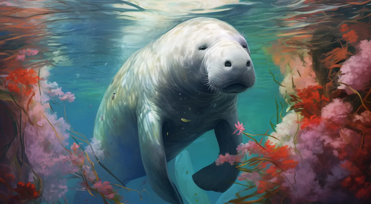 a painting of a white manatee swimming in the water