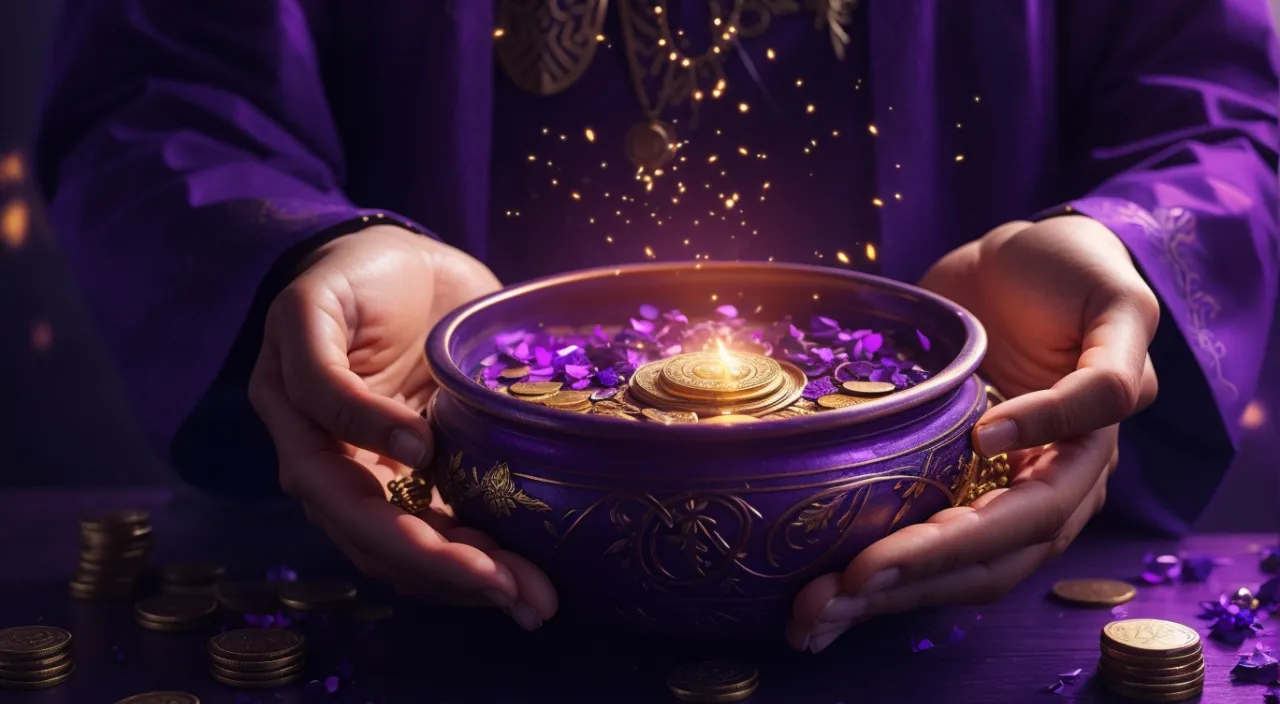 a person holding a purple bowl filled with gold coins