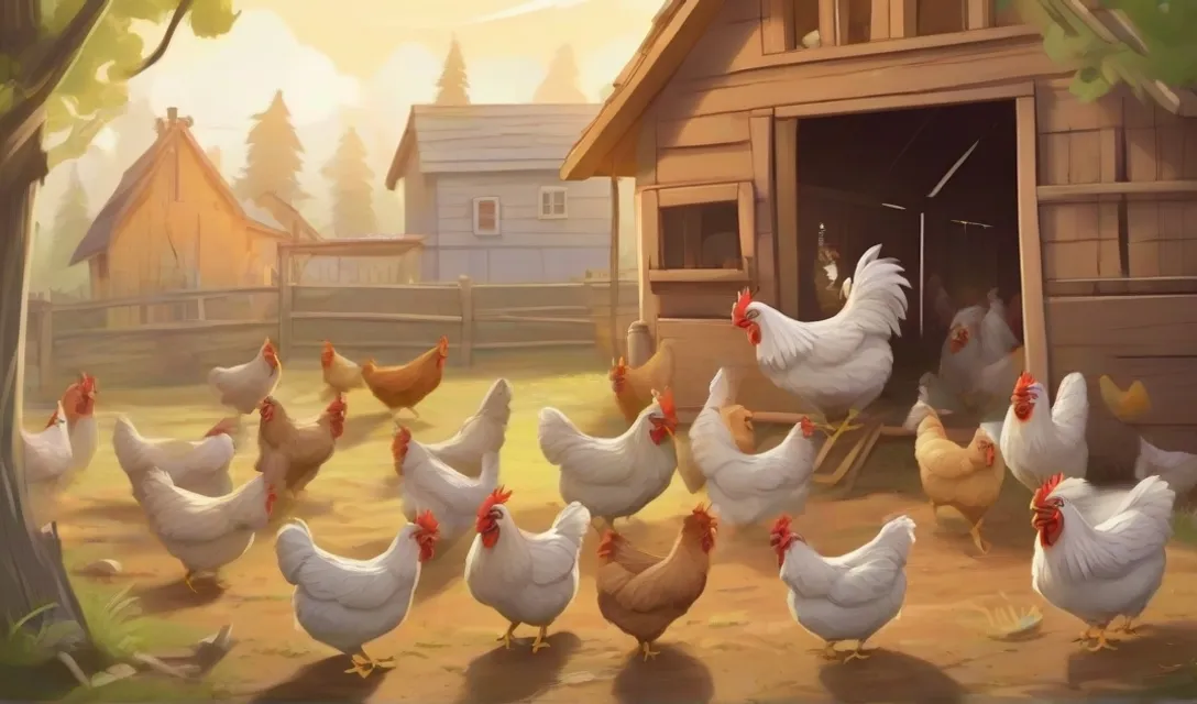 a group of chickens standing in front of a barn