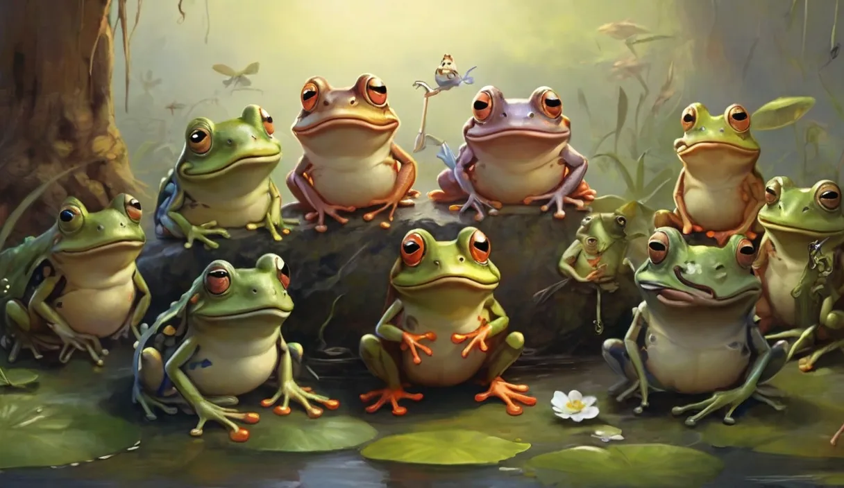 a group of frogs sitting on top of a leaf covered ground