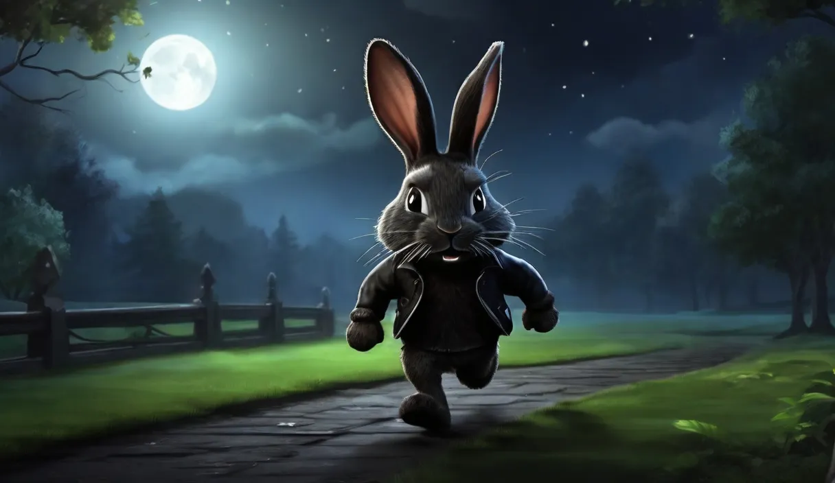 a rabbit is walking down a path at night