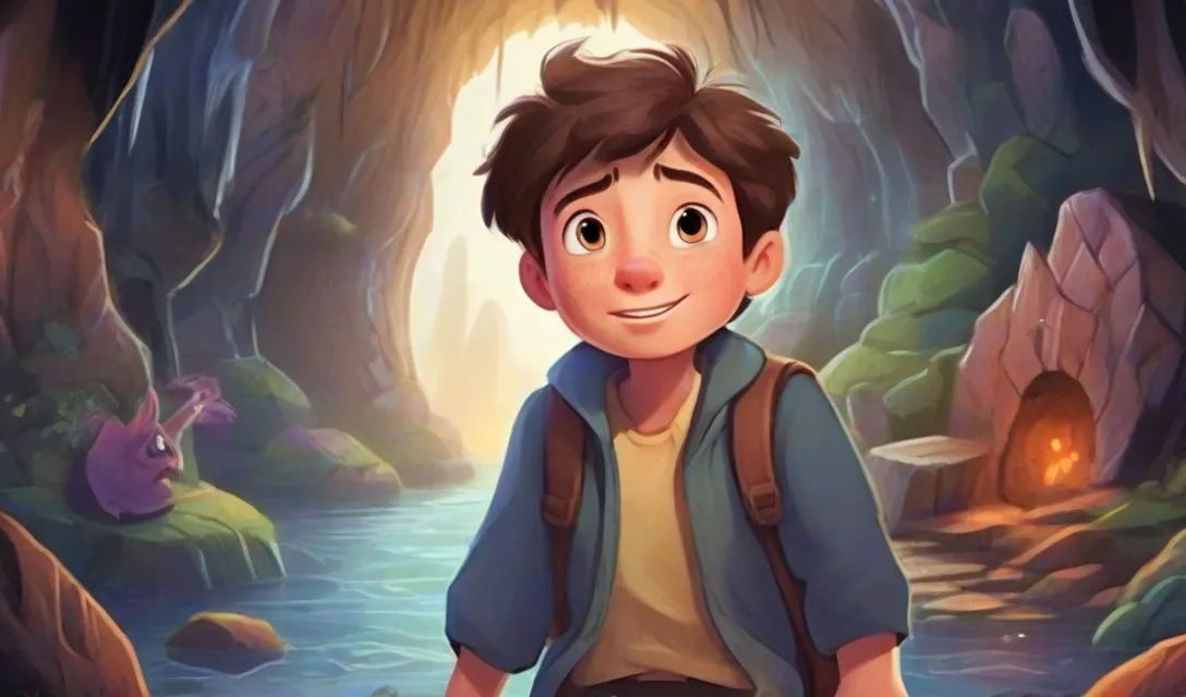 a boy standing in front of a cave