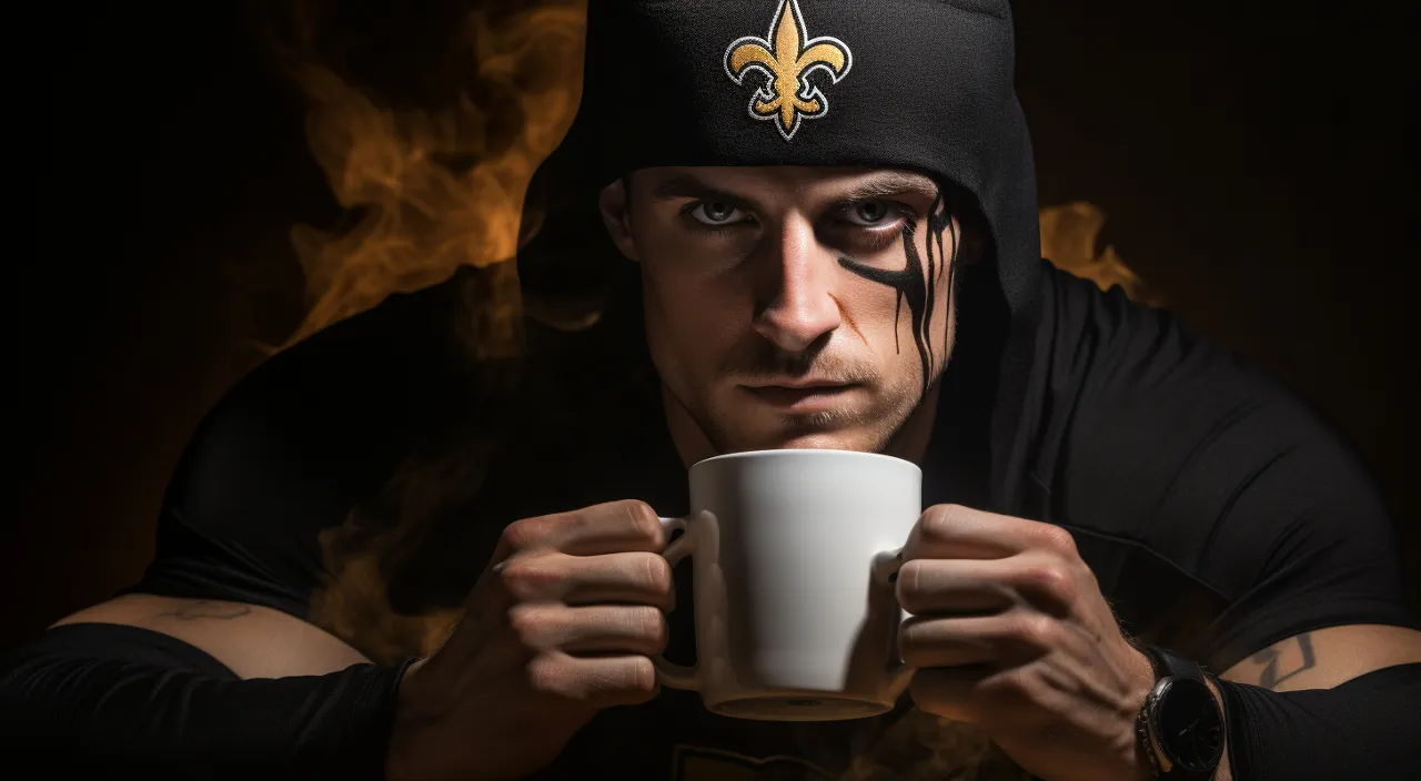 New Orleans saints Derek Carr steaming coffee art, Christmas coffee shop style, captivating portraits, New Orleans Saints logo frenzy, UHD, 32k resolution