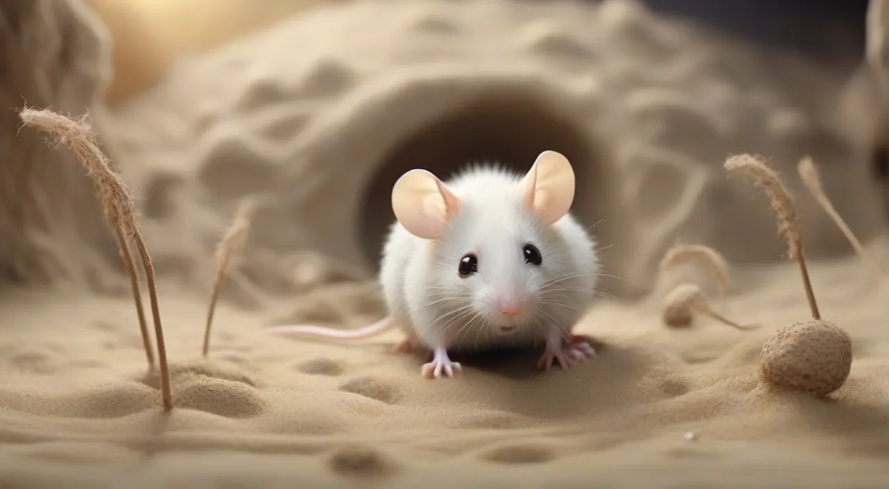 a little white mouse With each delicate movement, the mouse shapes a small burrow, weaving its way through the sand in a quest that mystifies the audience. Cartoon 