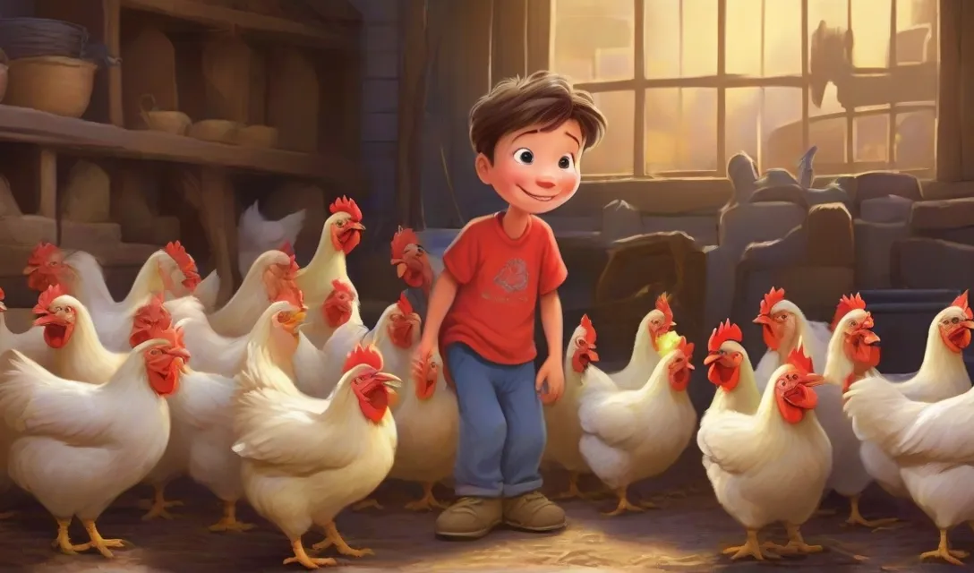 a little boy standing in front of a bunch of chickens