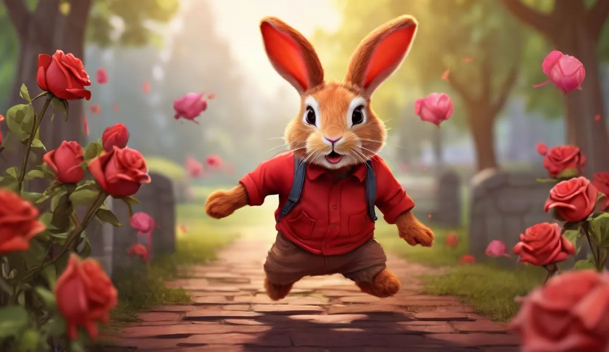 a rabbit is running through a garden with roses