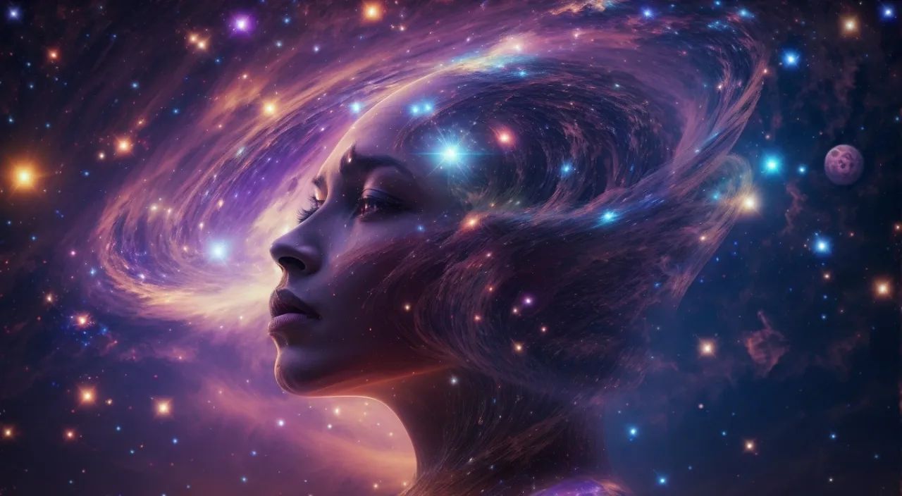 a woman's face is surrounded by stars