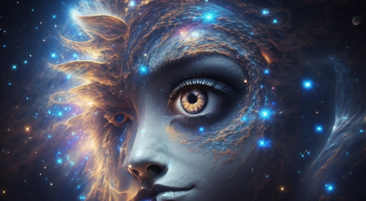 a close up of a person's face with stars in the background