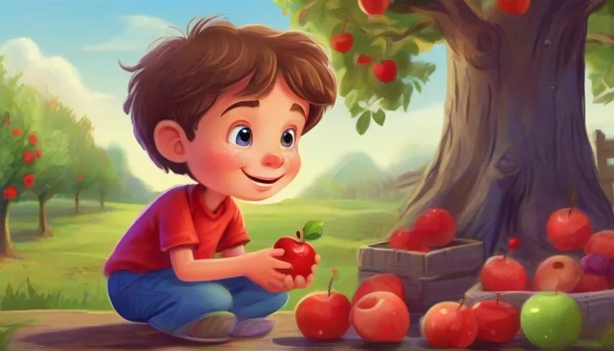 a young boy is picking apples from a tree