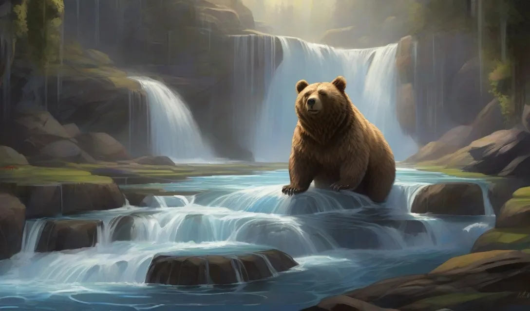 a painting of a bear sitting on a rock in front of a waterfall