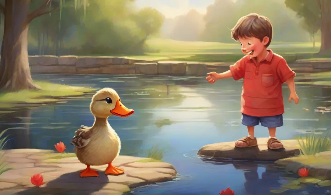 a little boy standing next to a duck near a pond