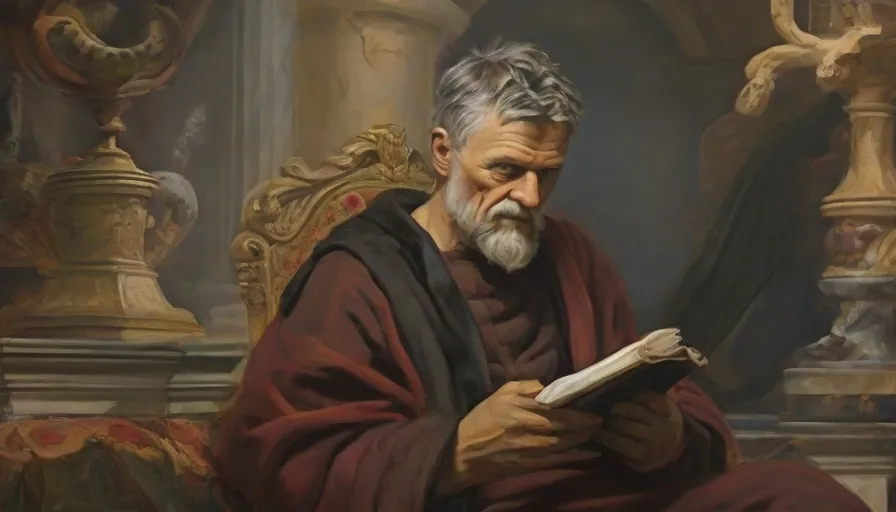 a painting of an old man reading a book