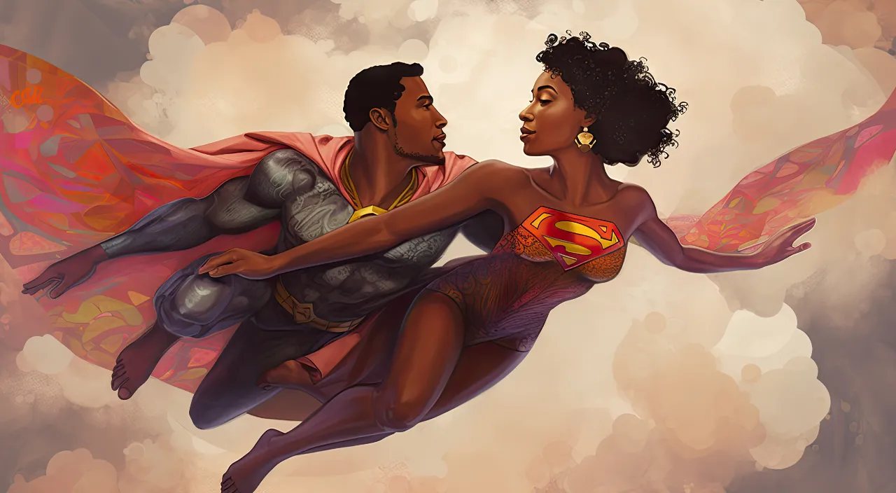 THE AFRICAN AMERICAN SUPERMAN AND ETHIOPIAN WONDERWOMAN FIGHTING SUPERVILLIANS, ANYTHING IS POSSIBLE STYLE, PASSION ROMANCE STYLE, jewel tone, COMIC BOOK STYLE, CLOISONNISM, ASTROPHOTOGRAPHY, ZEROGRAPHY, KAROL BAK STYLE, SAM GUAY STYLE, ROCOCO STYLE Suffix is now `abstract, poster, ultra-detailed