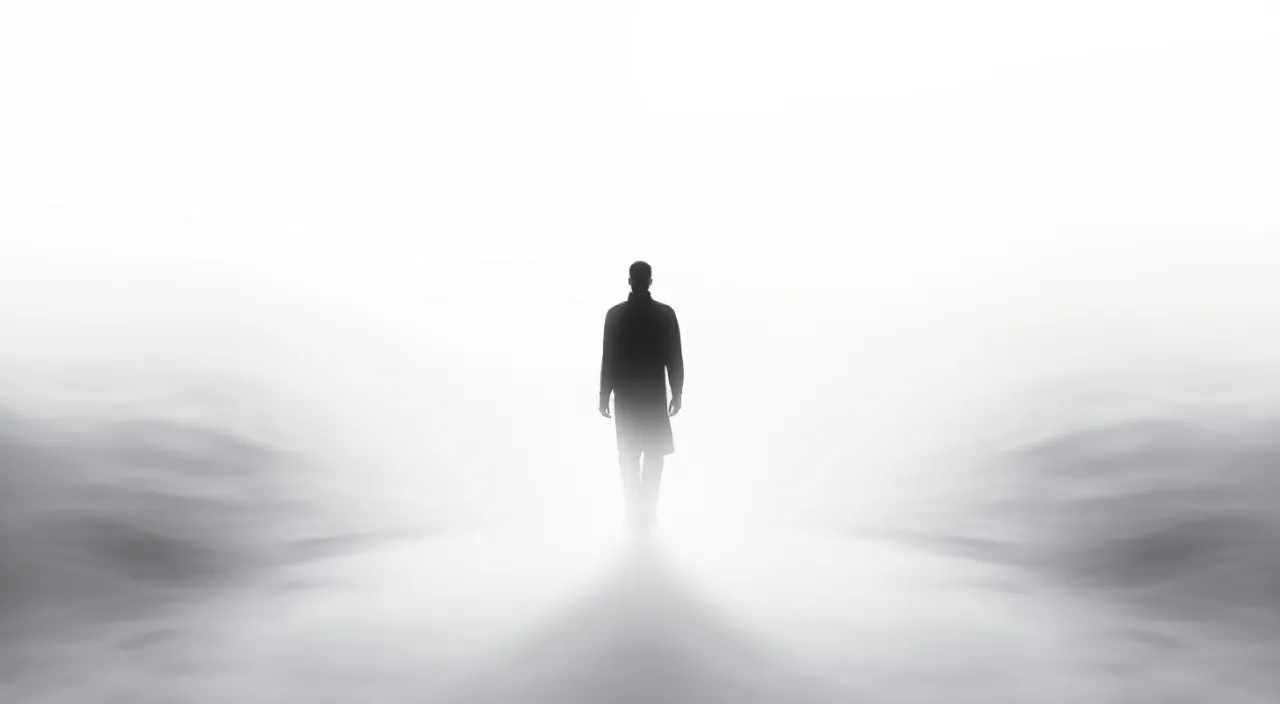 a man walking in the middle of a foggy area