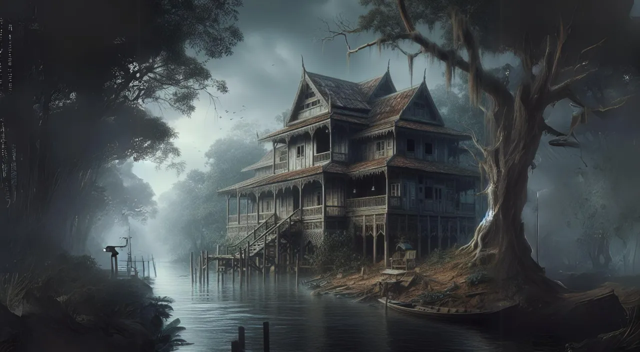 a creepy house in the middle of a lake