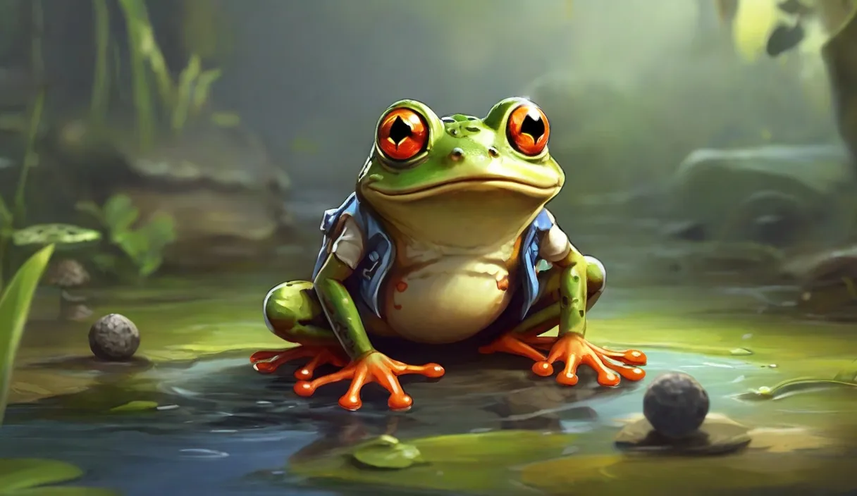 a frog with red eyes sitting in a pond