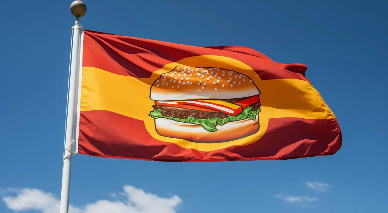 a flag with a hamburger on it flying in the sky