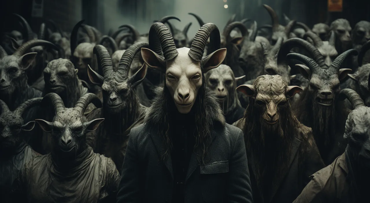 Close-up shots of a group of goats with long horns staring menacingly at the camera