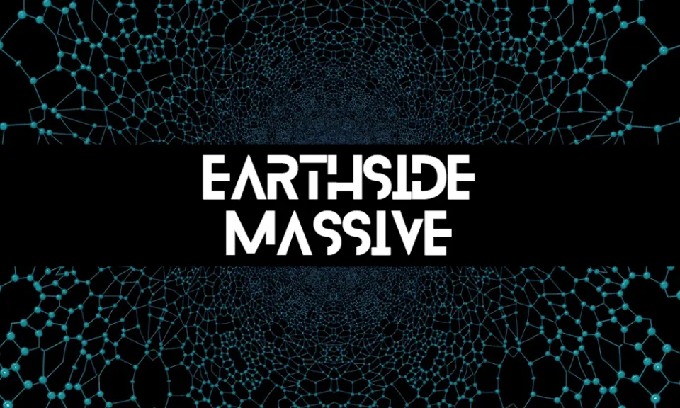 a black and blue background with the words earthside massive. light, black, textile, font, organism, mesh, line, pattern, technology, electric blue